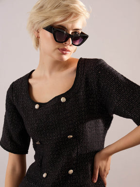 Black Tweed Round Neck Short Dress-SASSAFRAS