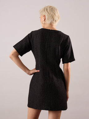 Black Tweed Round Neck Short Dress-SASSAFRAS