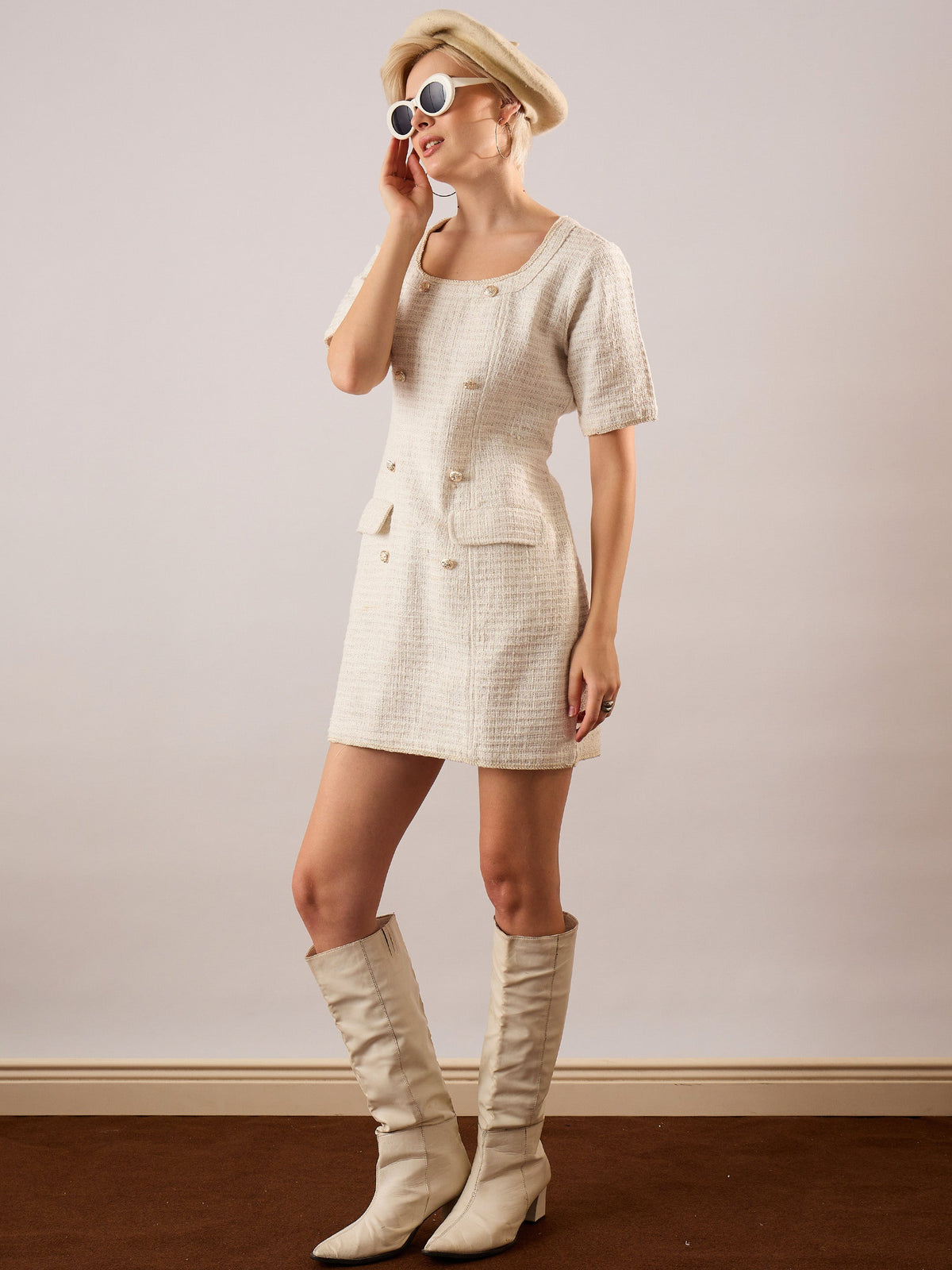 White Tweed Round Neck Short Dress-SASSAFRAS