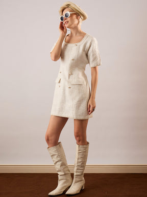 White Tweed Round Neck Short Dress-SASSAFRAS
