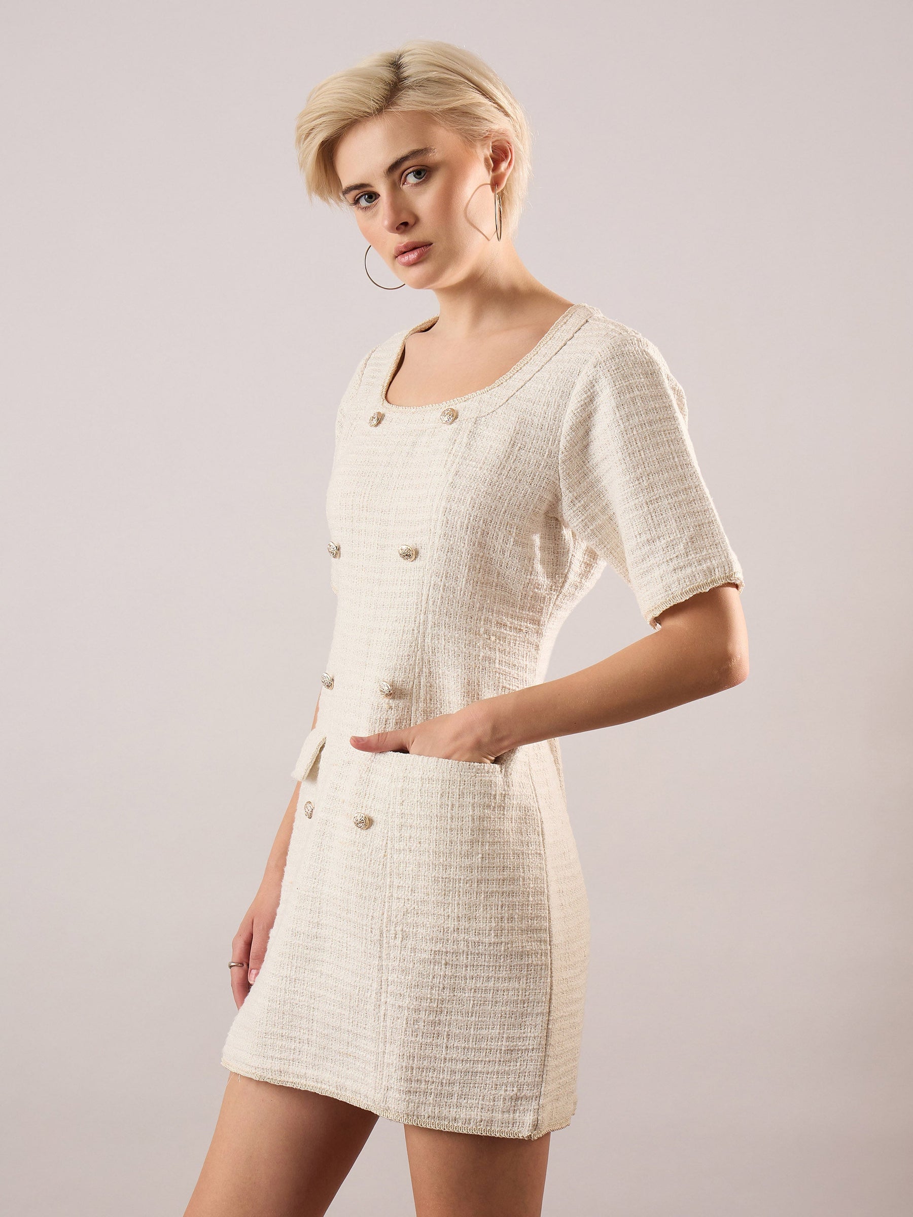 White Tweed Round Neck Short Dress-SASSAFRAS