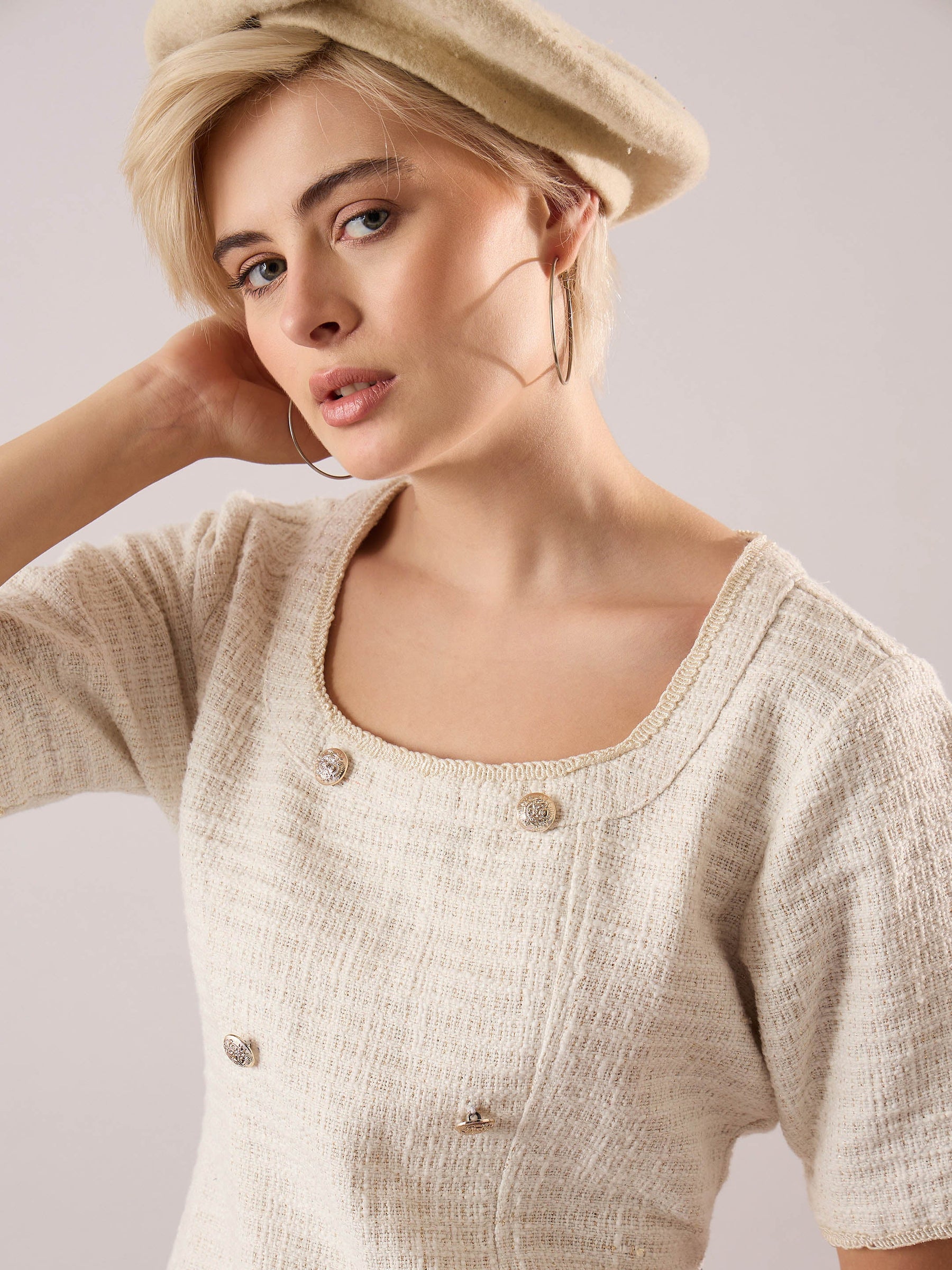 White Tweed Round Neck Short Dress-SASSAFRAS