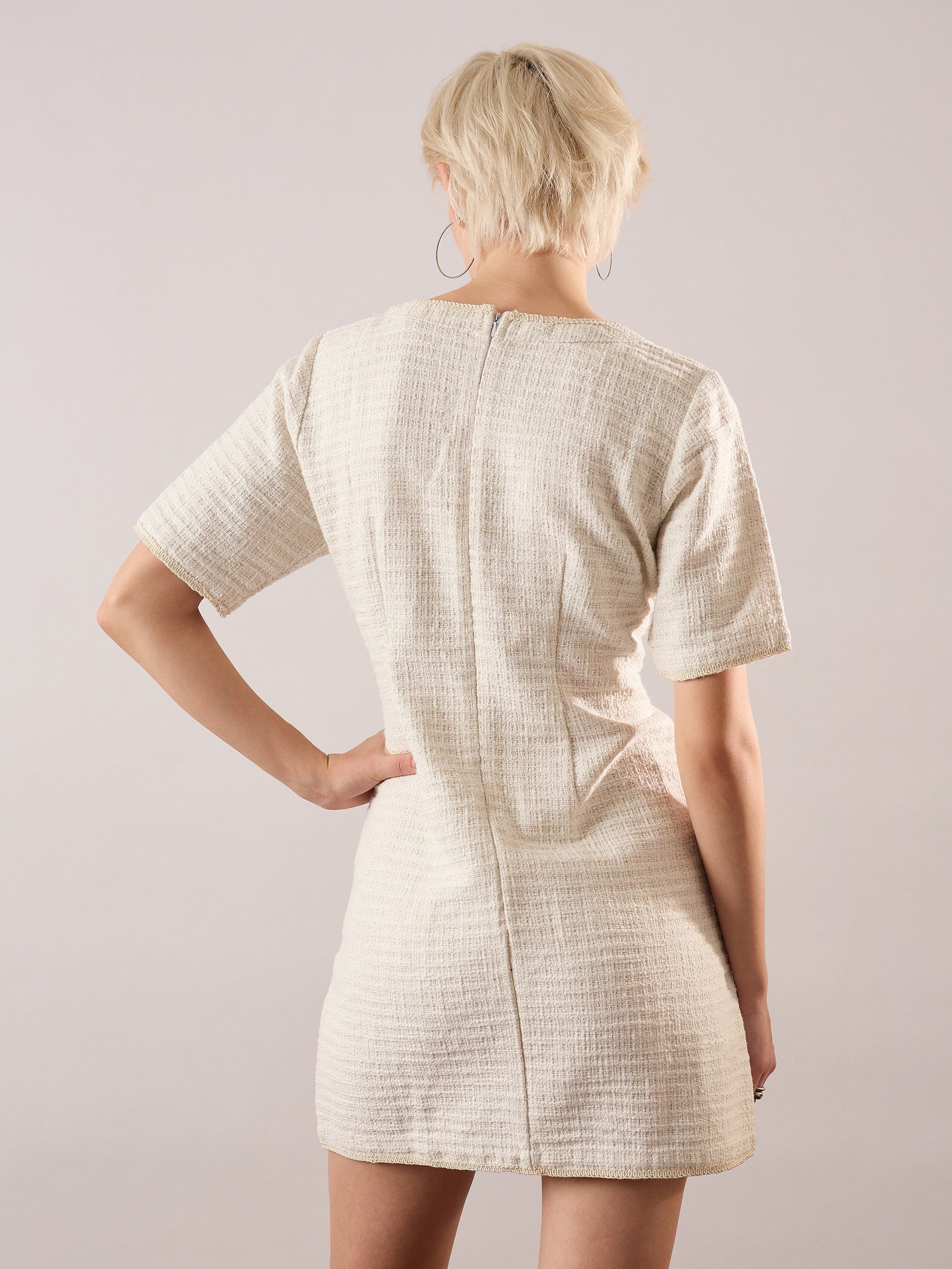 White Tweed Round Neck Short Dress-SASSAFRAS