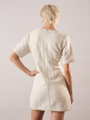 White Tweed Round Neck Short Dress-SASSAFRAS