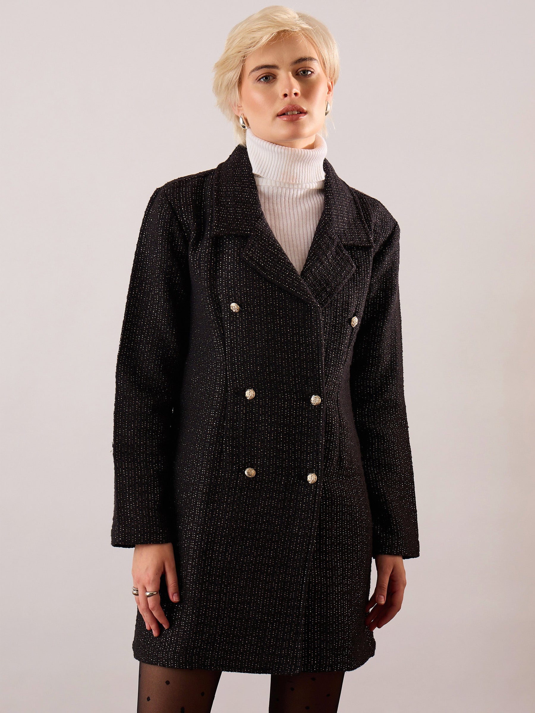 Black Tweed Full Sleeve Blazer Dress-SASSAFRAS