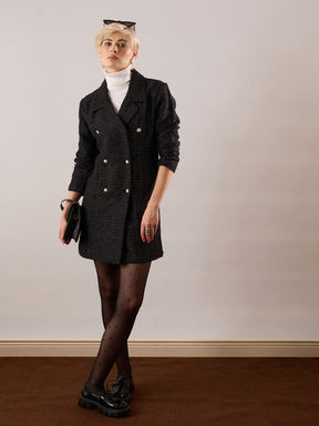 Black Tweed Full Sleeve Blazer Dress-SASSAFRAS