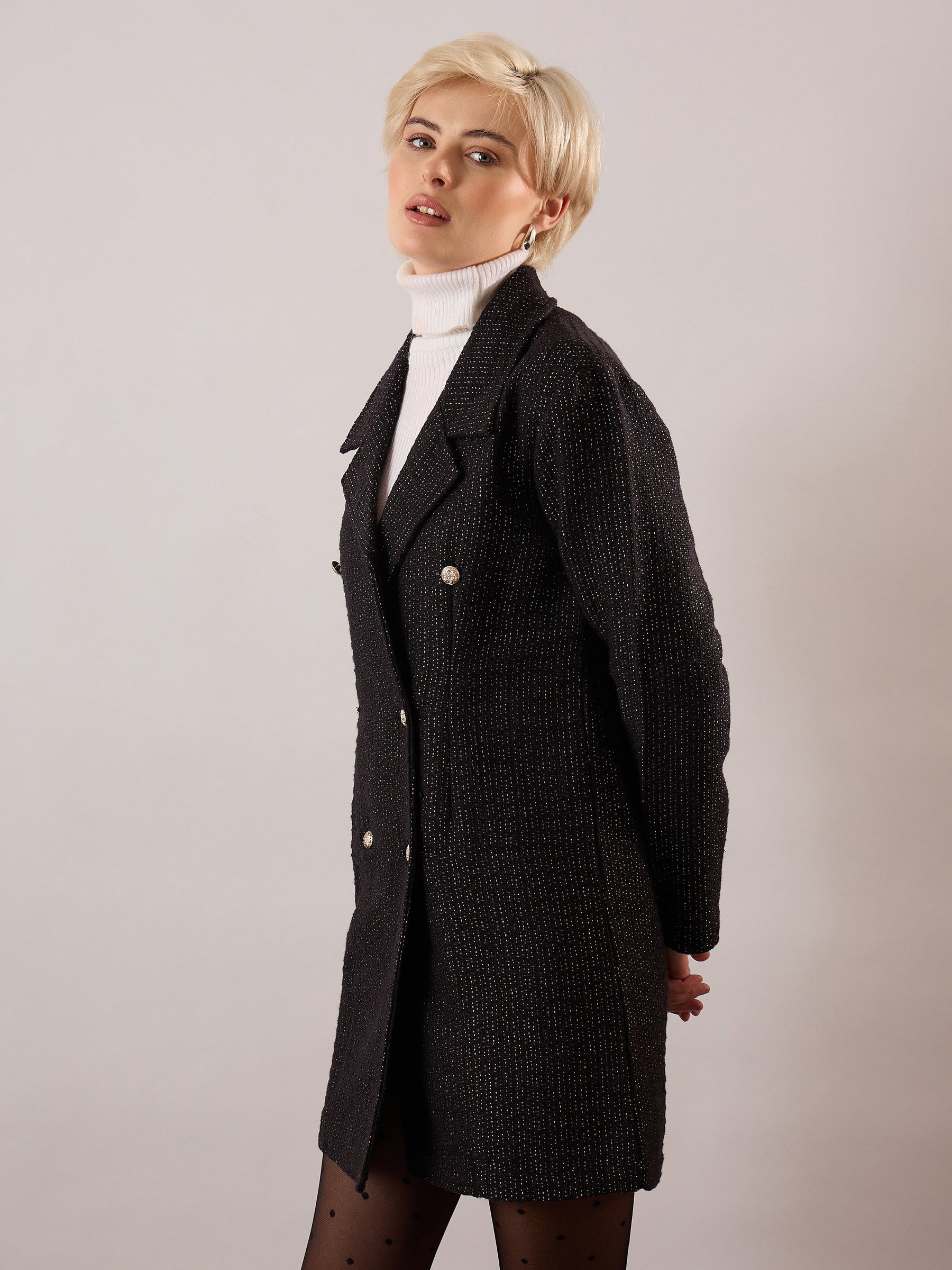 Black Tweed Full Sleeve Blazer Dress-SASSAFRAS