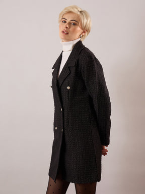 Black Tweed Full Sleeve Blazer Dress-SASSAFRAS