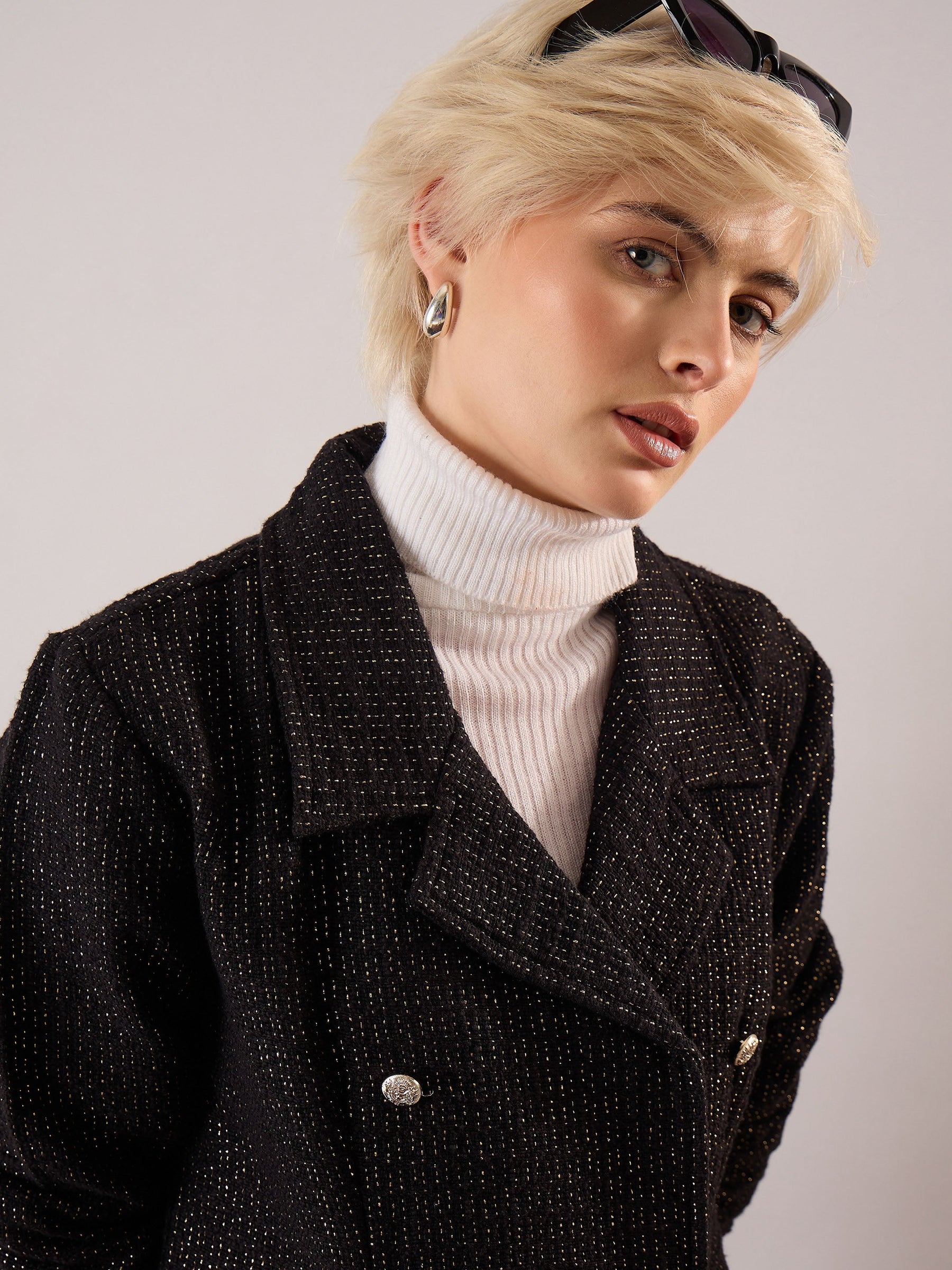 Black Tweed Full Sleeve Blazer Dress-SASSAFRAS