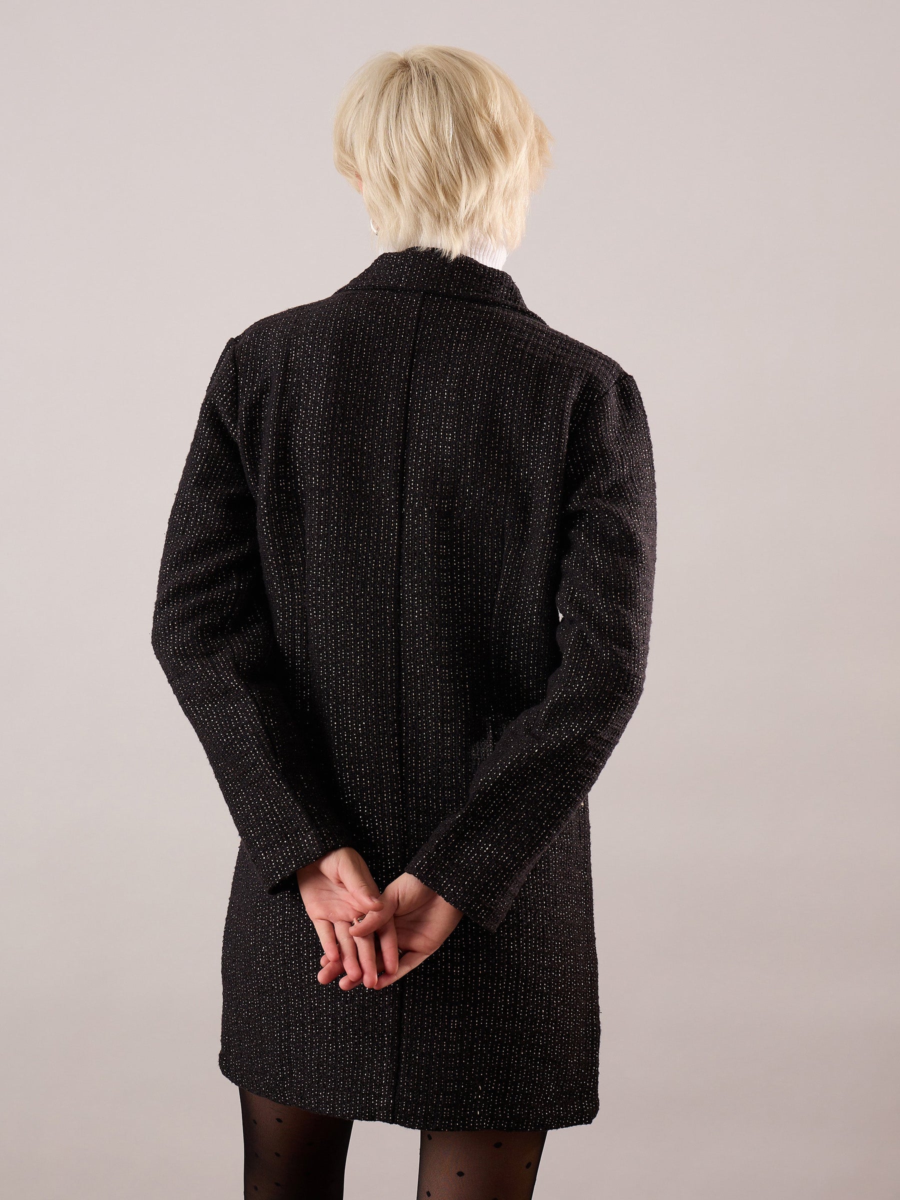 Black Tweed Full Sleeve Blazer Dress-SASSAFRAS