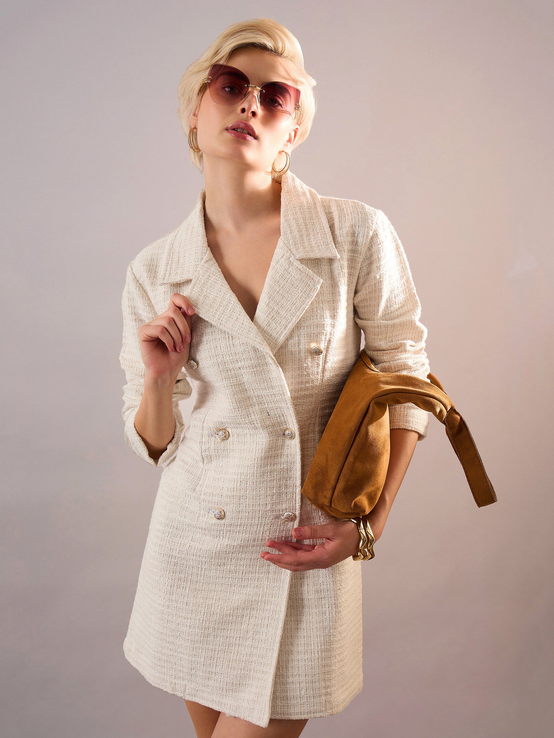 White Tweed Full Sleeve Blazer Dress-SASSAFRAS