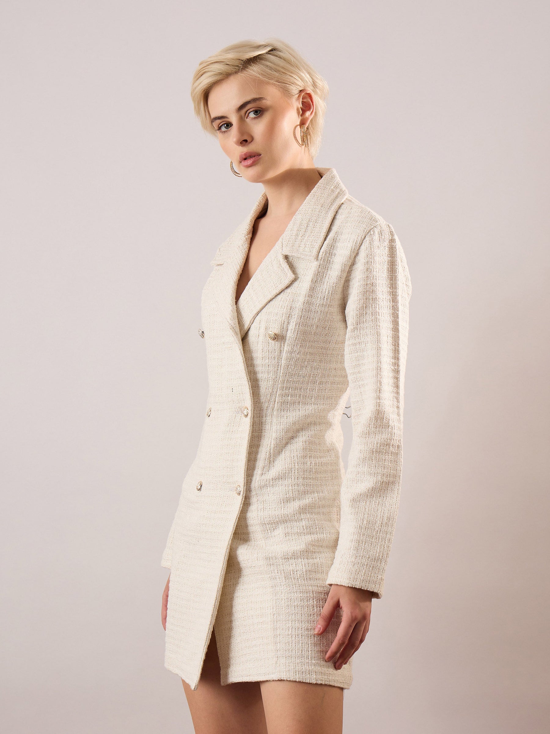 White Tweed Full Sleeve Blazer Dress-SASSAFRAS