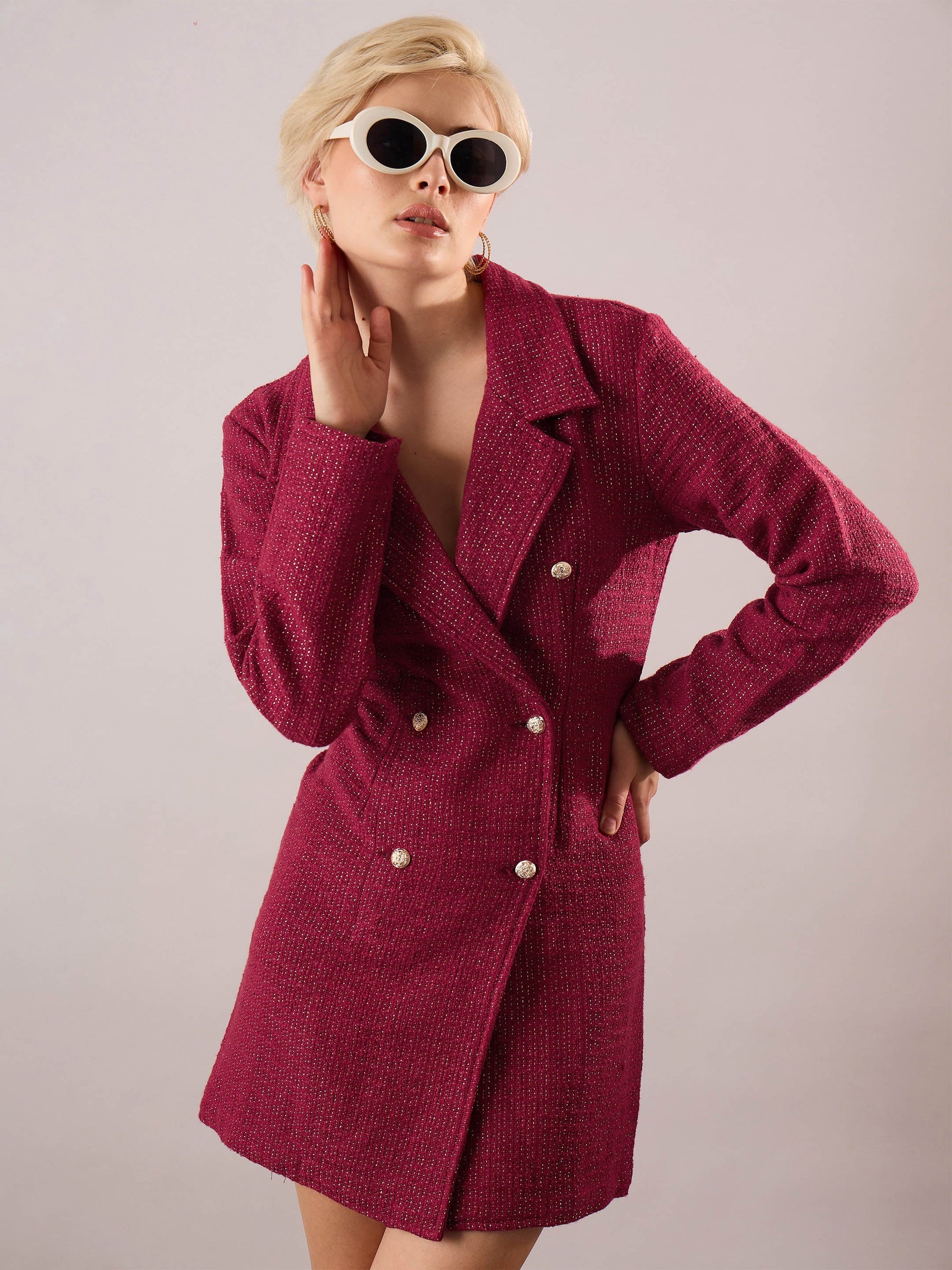 Maroon Tweed Full Sleeve Blazer Dress-SASSAFRAS