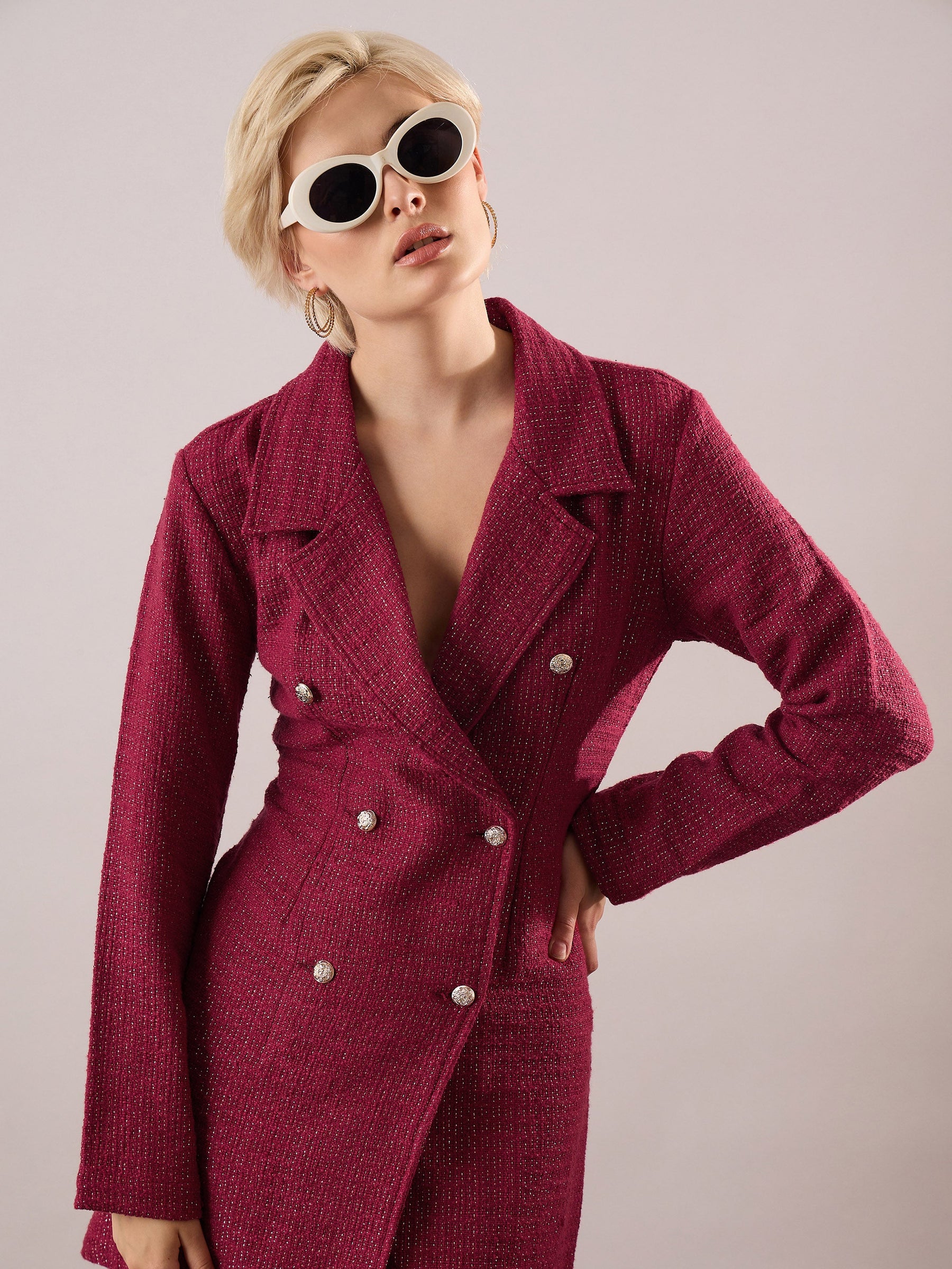Maroon Tweed Full Sleeve Blazer Dress-SASSAFRAS