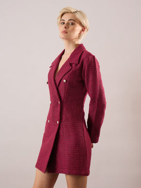 Maroon Tweed Full Sleeve Blazer Dress-SASSAFRAS