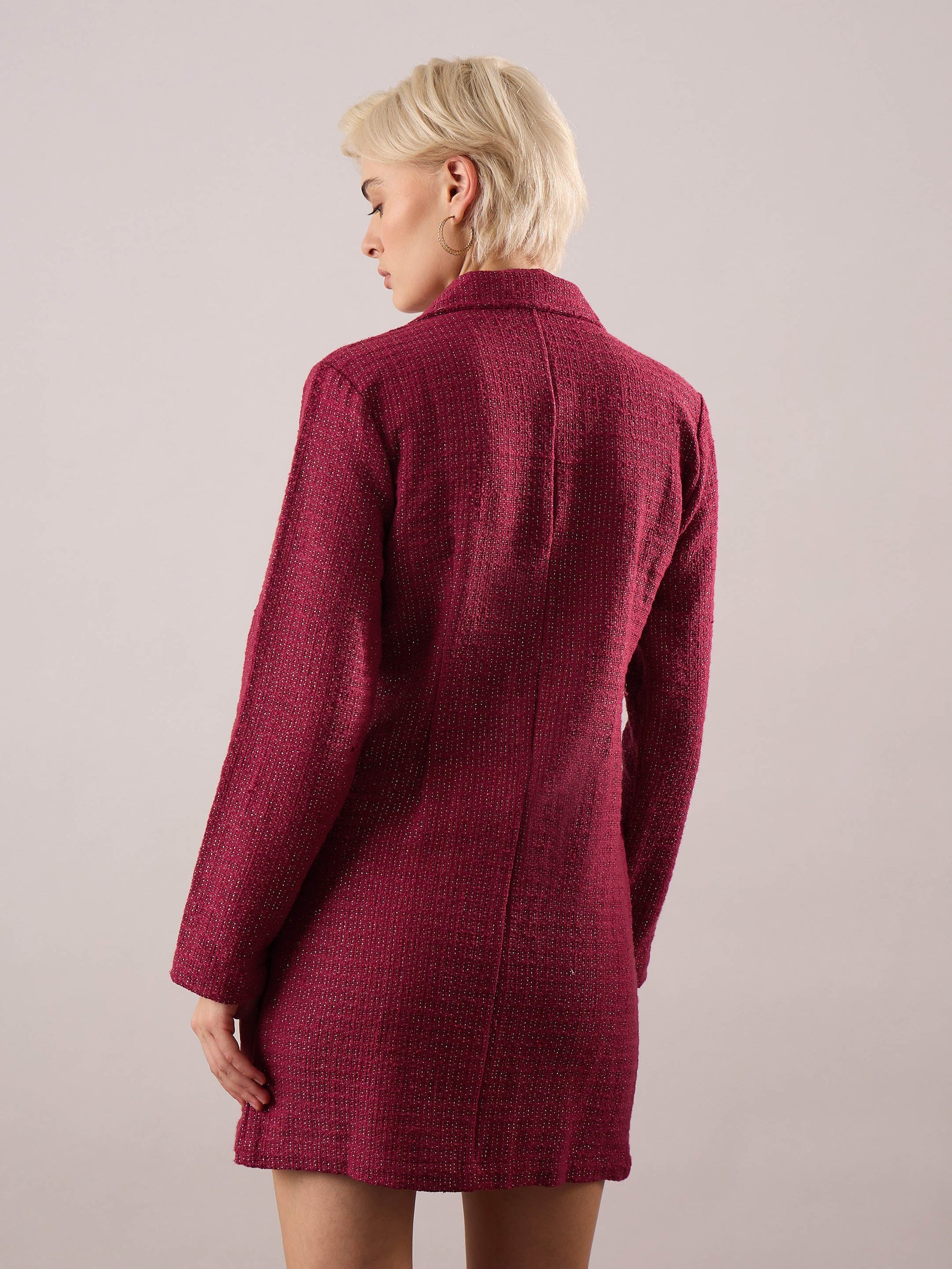 Maroon Tweed Full Sleeve Blazer Dress-SASSAFRAS