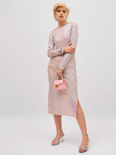 Pink Rainbow Sequin Round Neck Side Slit Midi Dress-SASSAFRAS