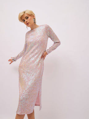 Pink Rainbow Sequin Round Neck Side Slit Midi Dress-SASSAFRAS