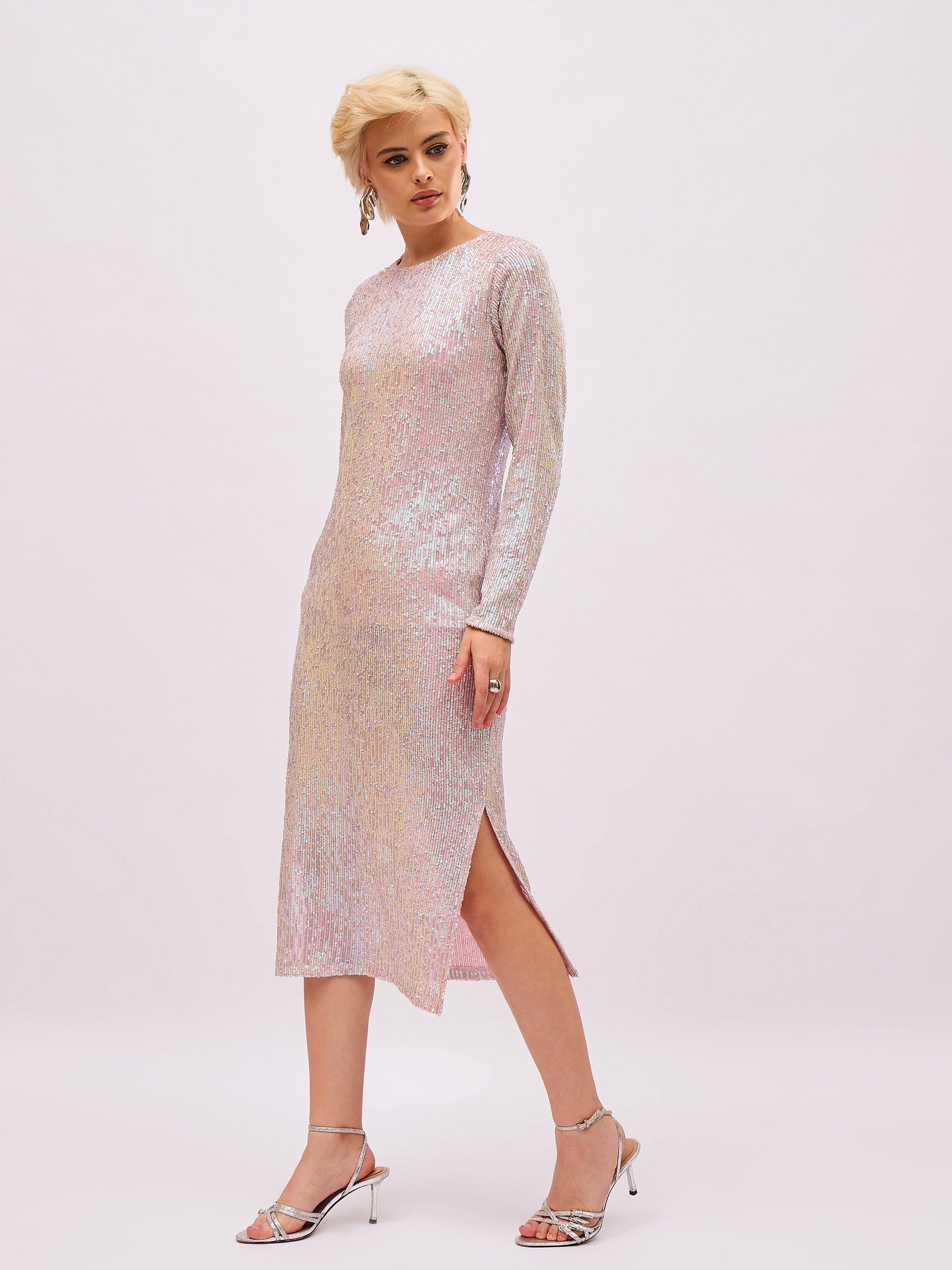 Pink Rainbow Sequin Round Neck Side Slit Midi Dress-SASSAFRAS