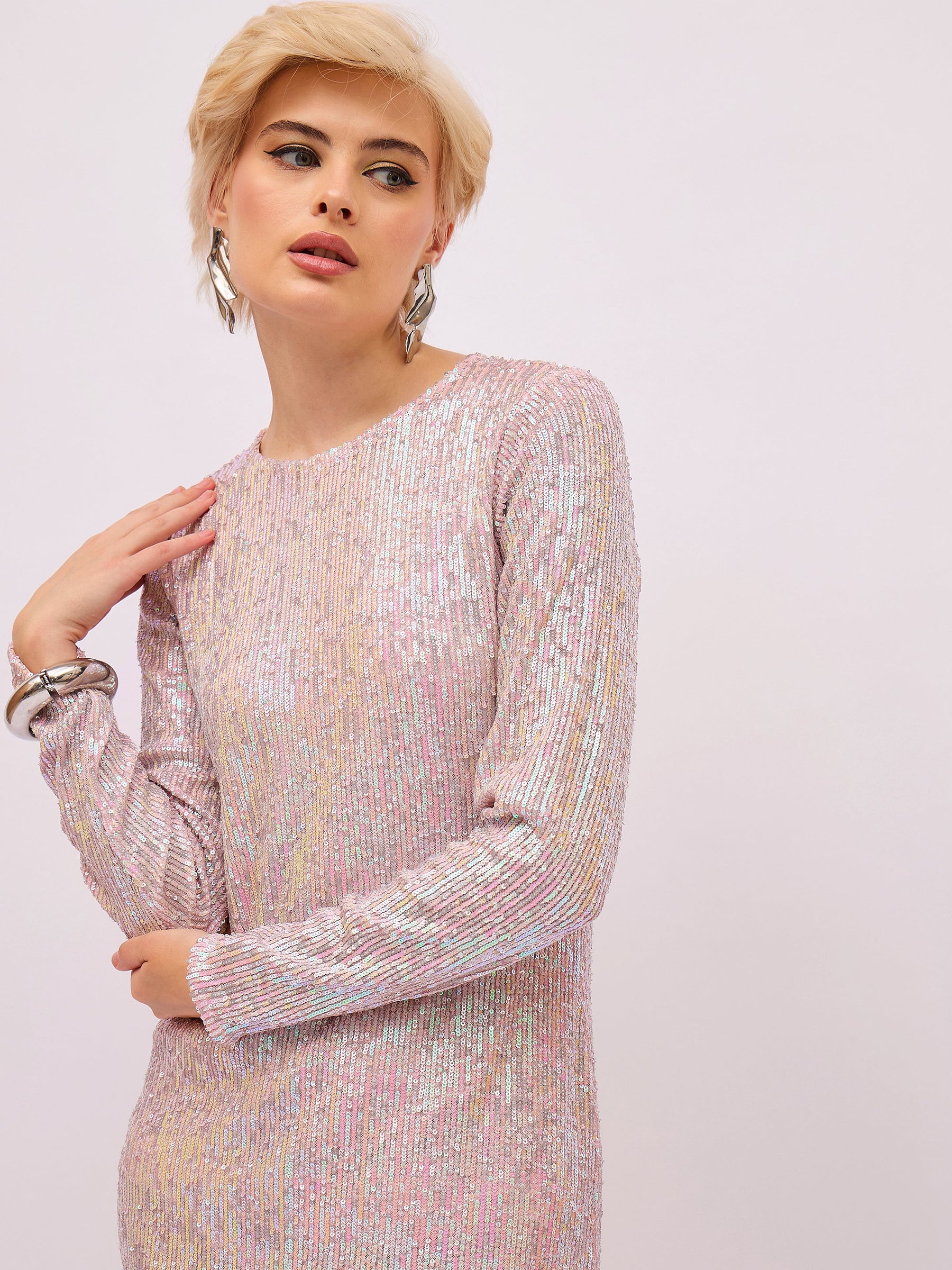 Pink Rainbow Sequin Round Neck Side Slit Midi Dress-SASSAFRAS
