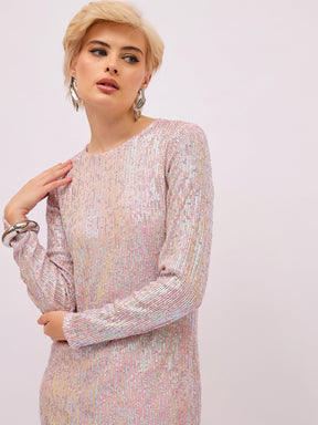 Pink Rainbow Sequin Round Neck Side Slit Midi Dress-SASSAFRAS