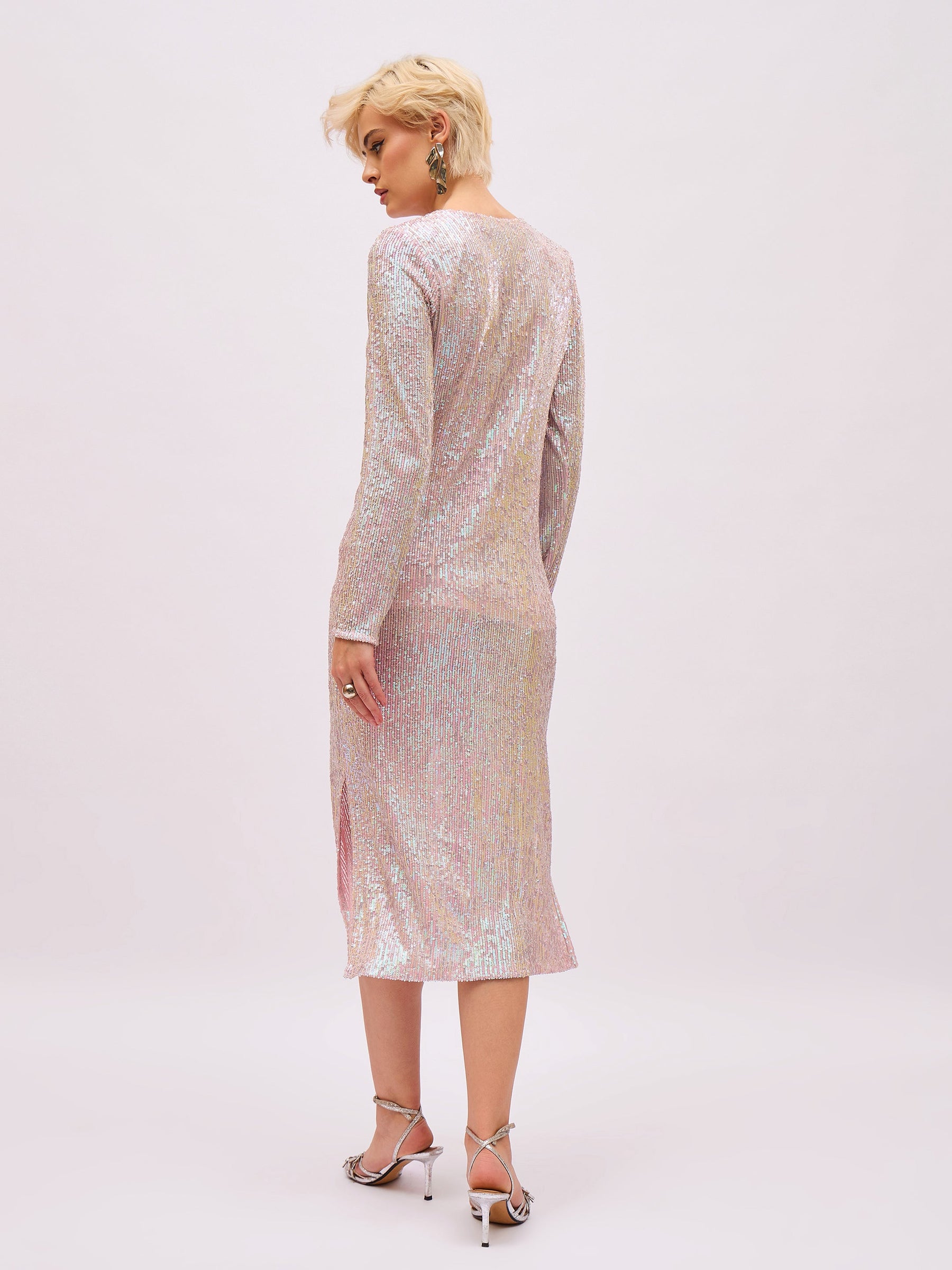 Pink Rainbow Sequin Round Neck Side Slit Midi Dress-SASSAFRAS