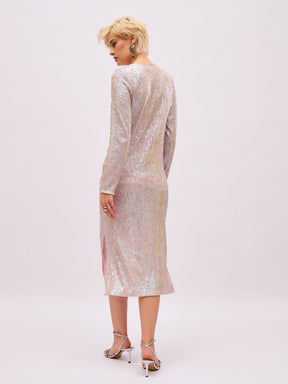 Pink Rainbow Sequin Round Neck Side Slit Midi Dress-SASSAFRAS