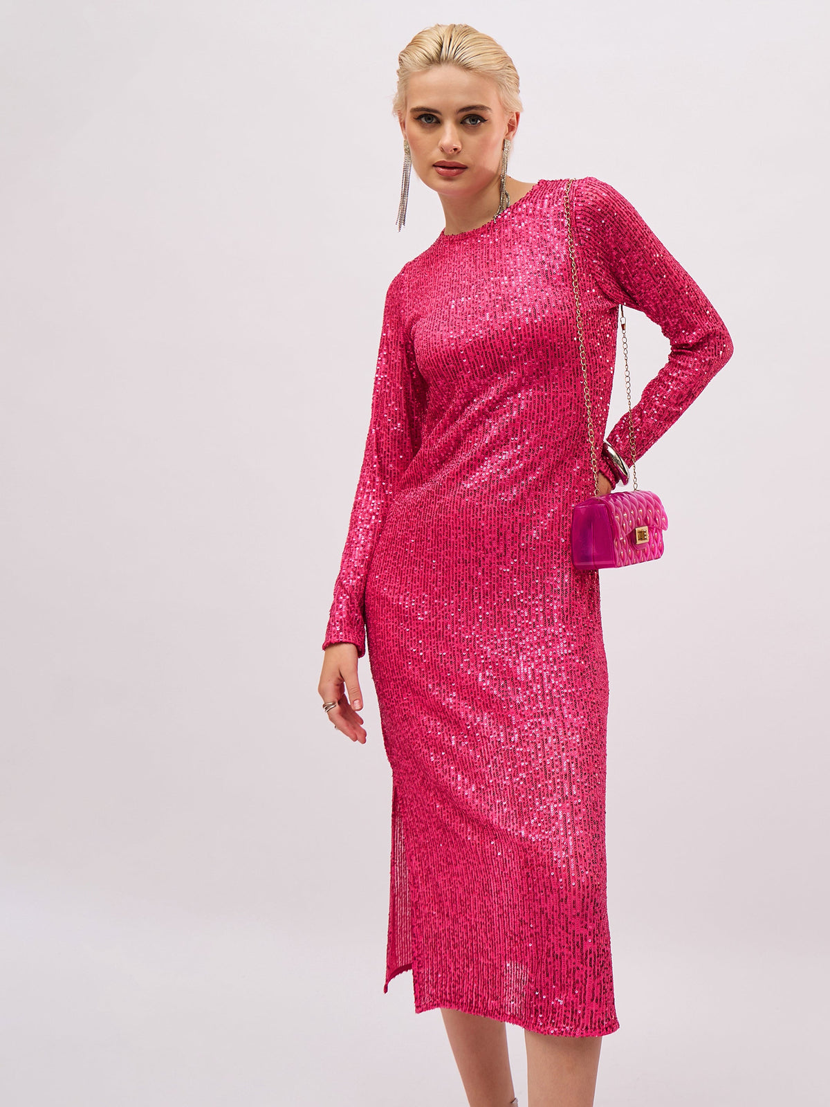 Fuchsia Sequin Round Neck Side Slit Midi Dress-SASSAFRAS