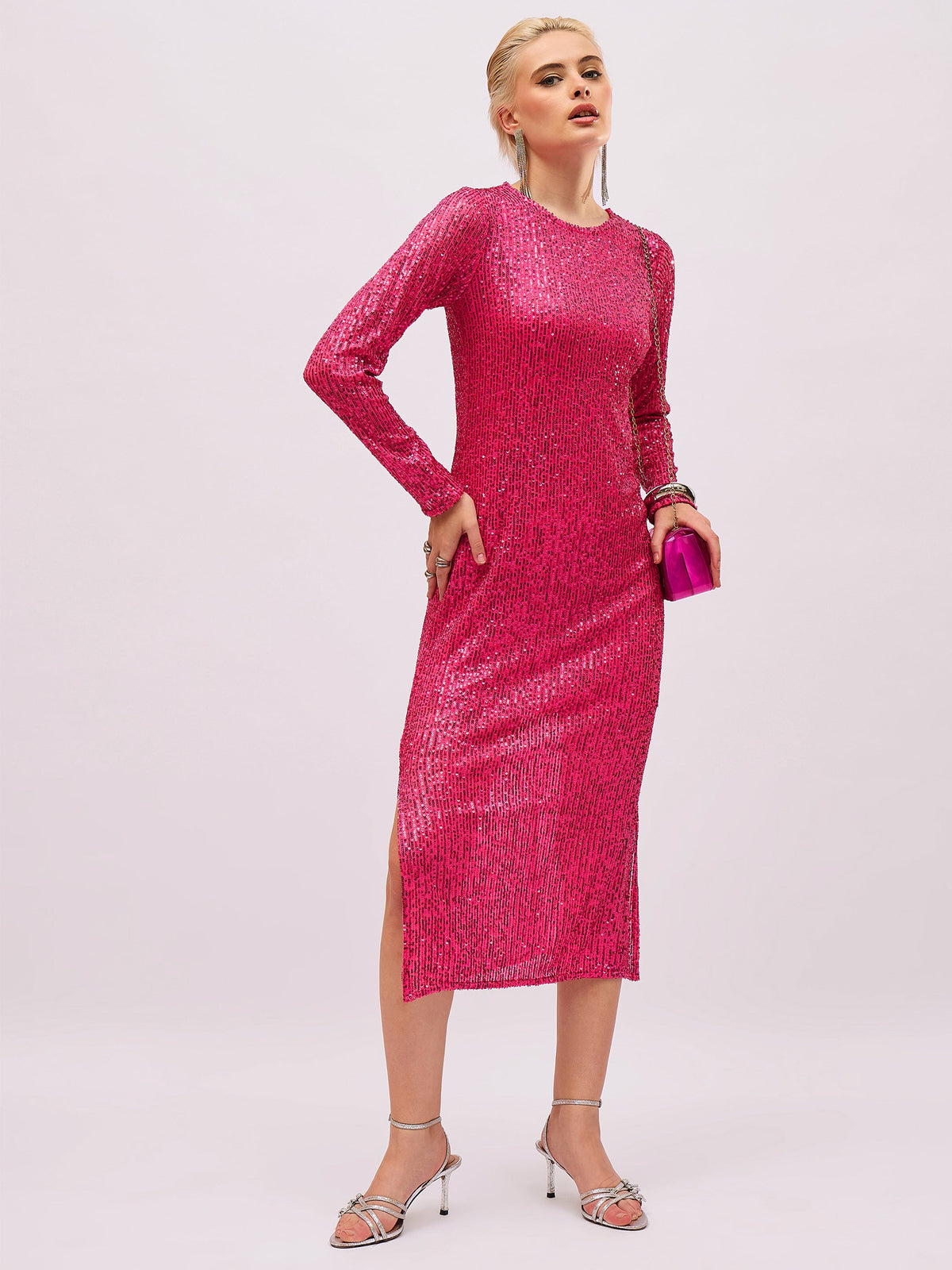 Fuchsia Sequin Round Neck Side Slit Midi Dress-SASSAFRAS