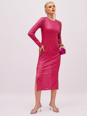 Fuchsia Sequin Round Neck Side Slit Midi Dress-SASSAFRAS