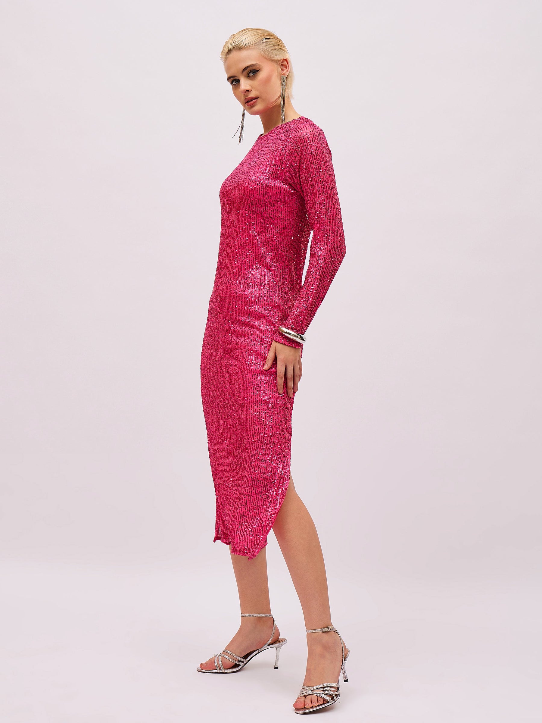 Fuchsia Sequin Round Neck Side Slit Midi Dress-SASSAFRAS