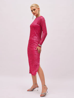 Fuchsia Sequin Round Neck Side Slit Midi Dress-SASSAFRAS