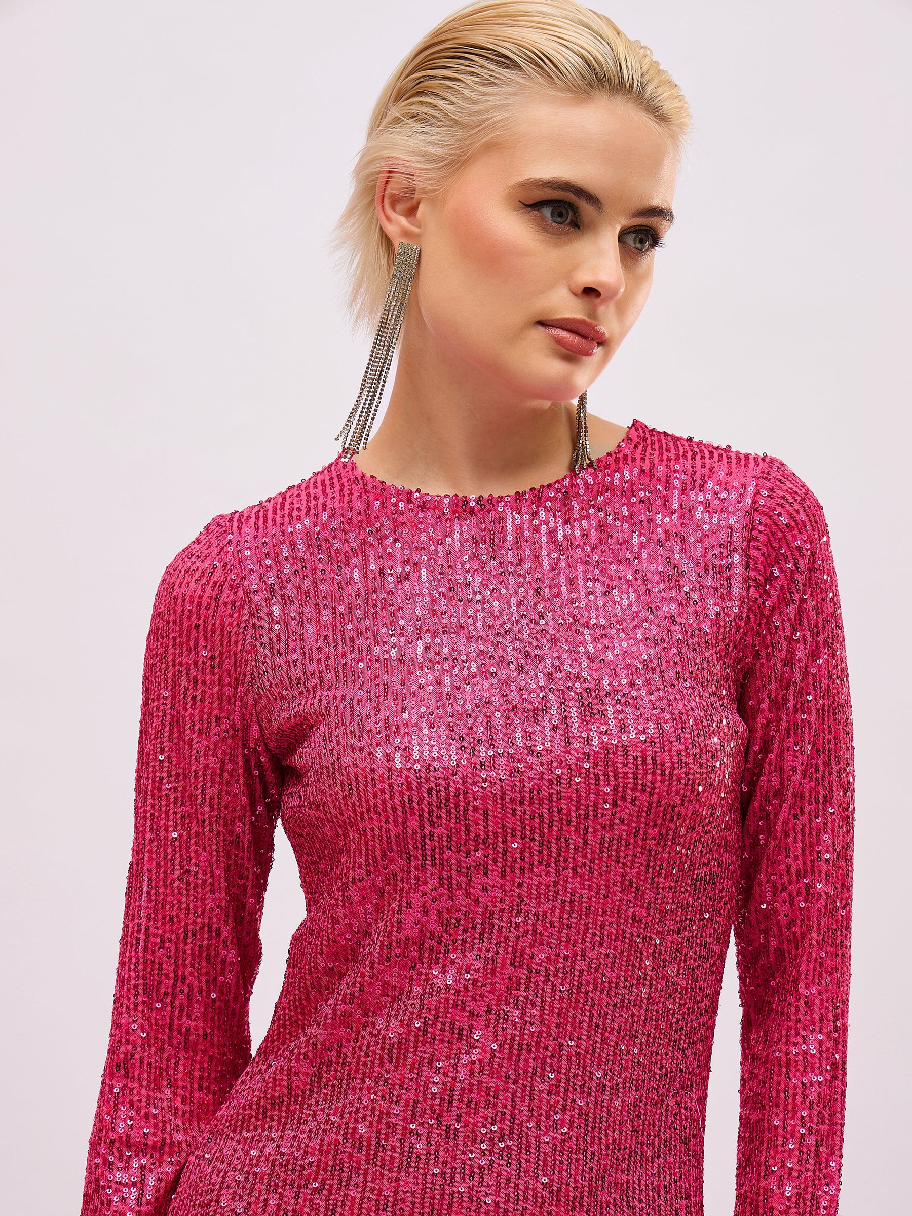 Fuchsia Sequin Round Neck Side Slit Midi Dress-SASSAFRAS