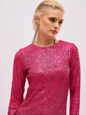 Fuchsia Sequin Round Neck Side Slit Midi Dress-SASSAFRAS