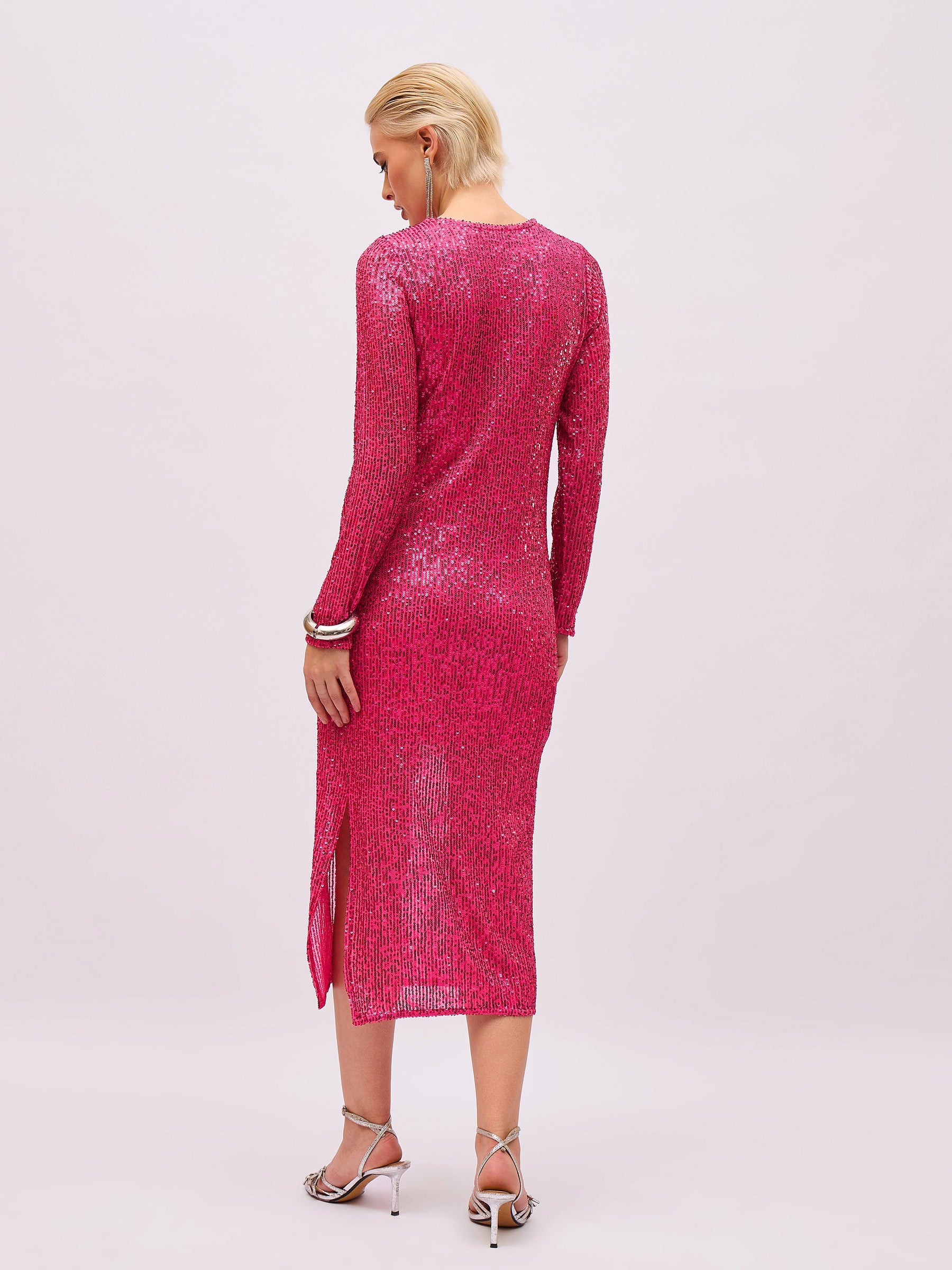 Fuchsia Sequin Round Neck Side Slit Midi Dress-SASSAFRAS
