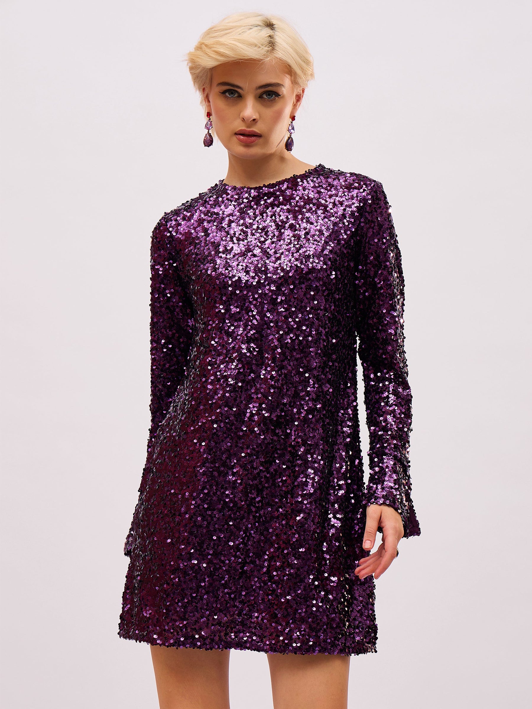 Purple Sequin Back Cut-Out Short Dress-SASSAFRAS