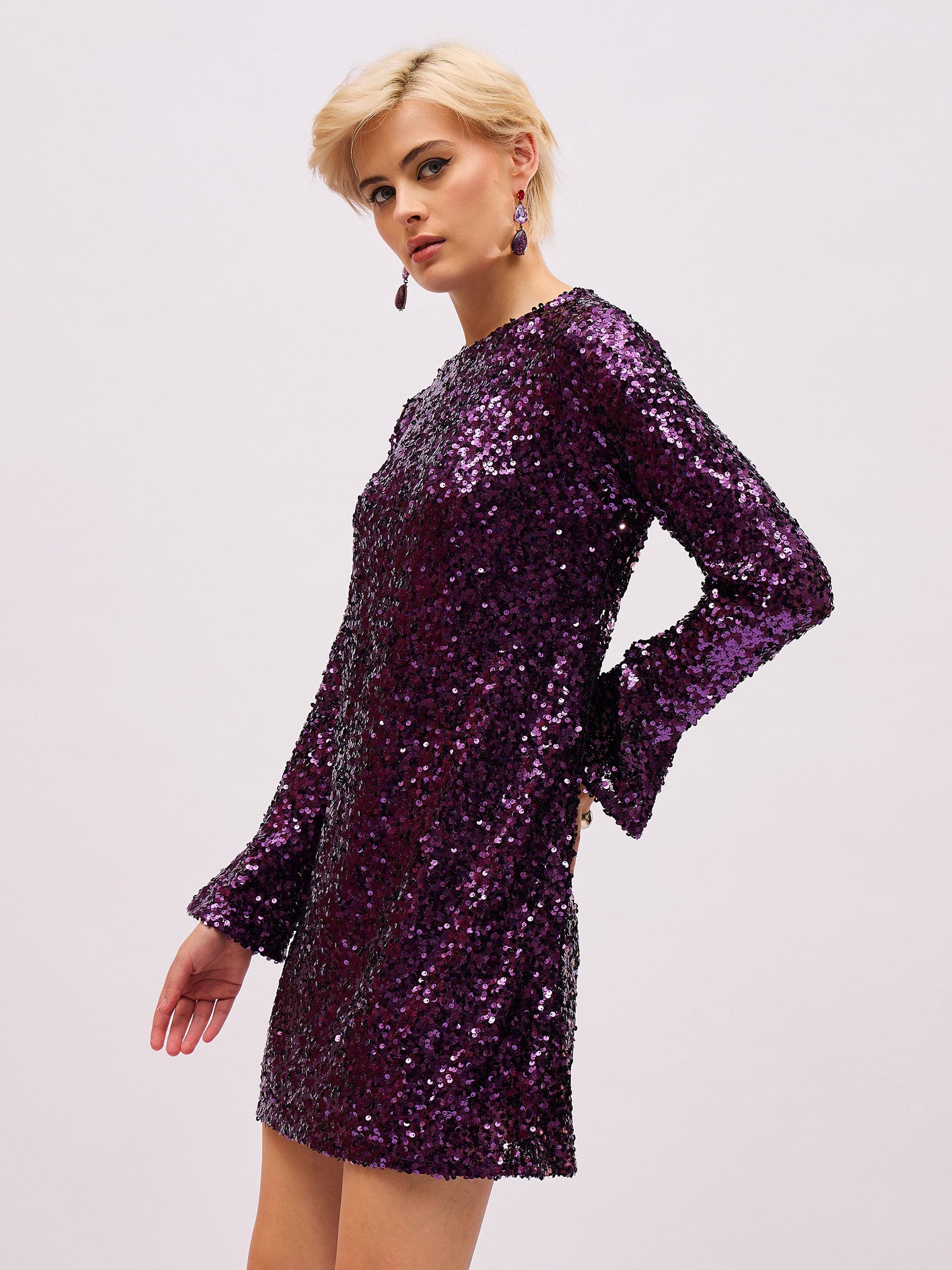Purple Sequin Back Cut-Out Short Dress-SASSAFRAS