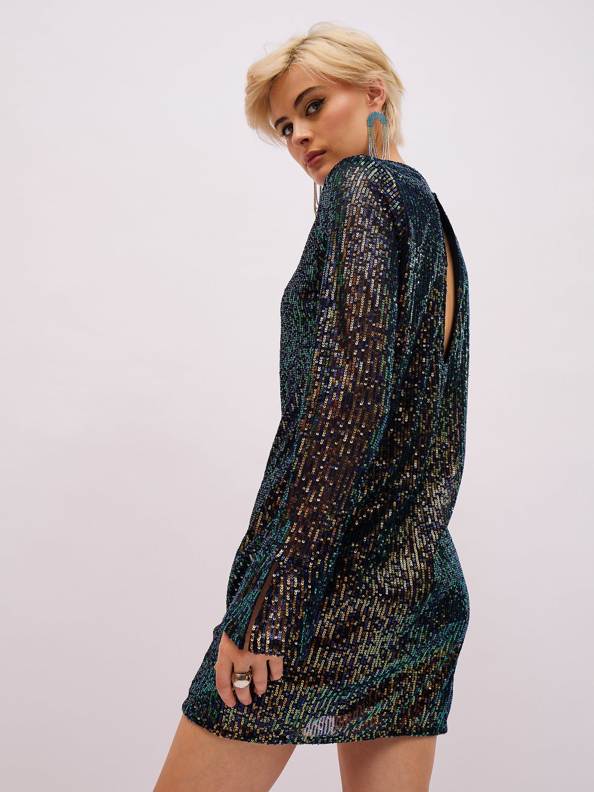 Blue Sequin Back Cut-Out Short Dress-SASSAFRAS