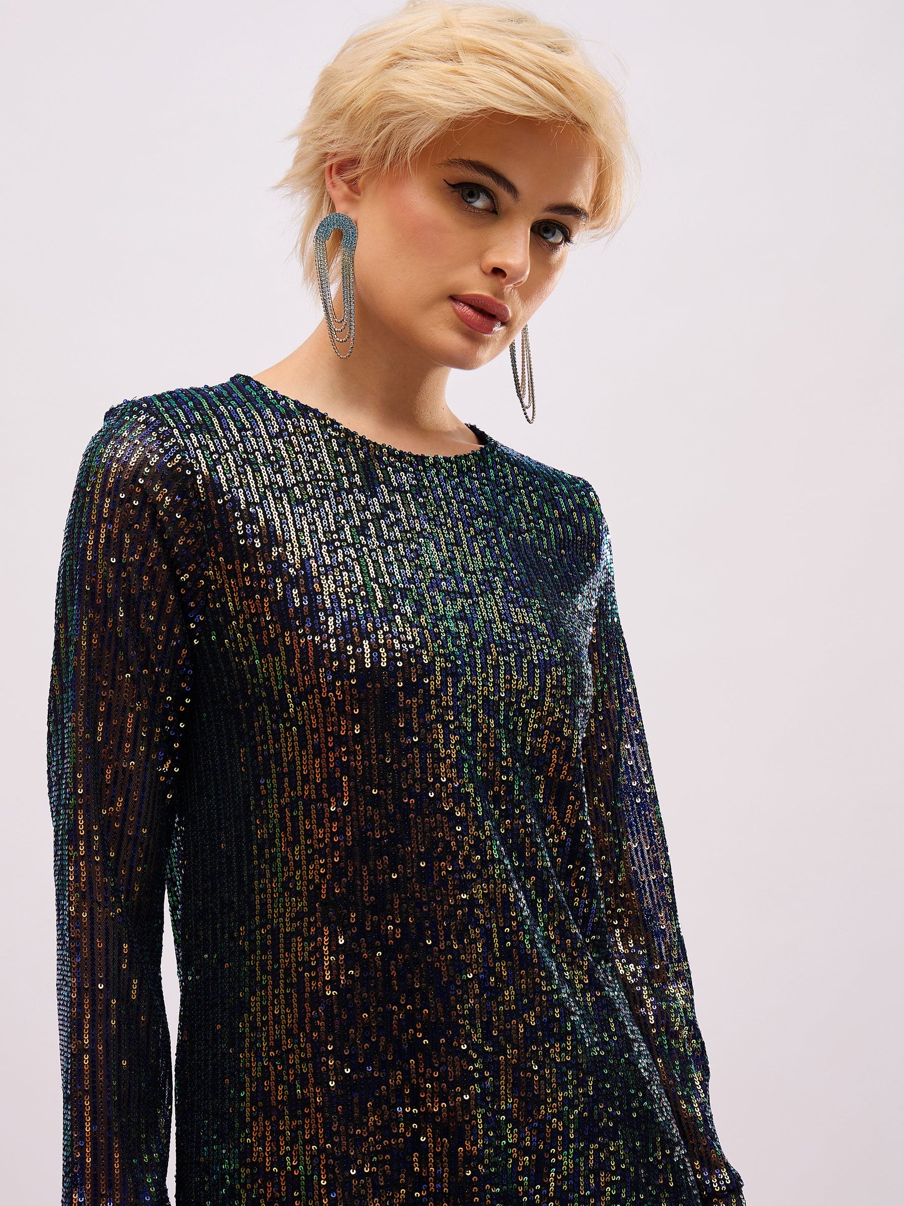 Blue Sequin Back Cut-Out Short Dress-SASSAFRAS