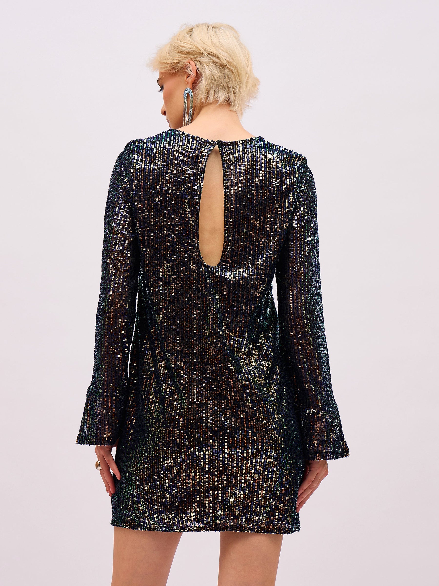 Blue Sequin Back Cut-Out Short Dress-SASSAFRAS