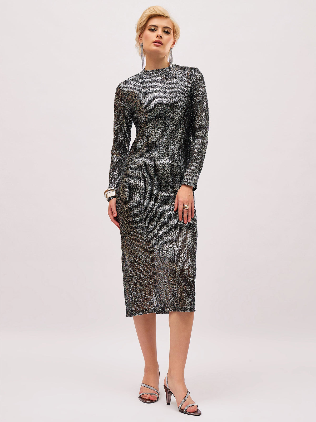 Black Sequin High Neck Back Slit Midi Dress-SASSAFRAS