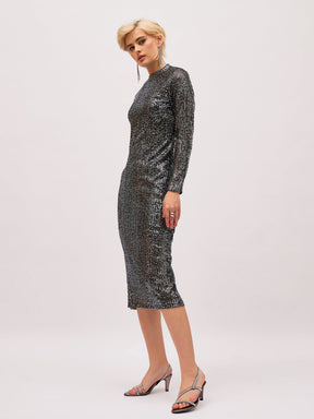 Black Sequin High Neck Back Slit Midi Dress-SASSAFRAS