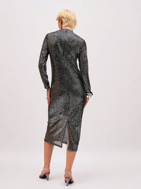 Black Sequin High Neck Back Slit Midi Dress-SASSAFRAS