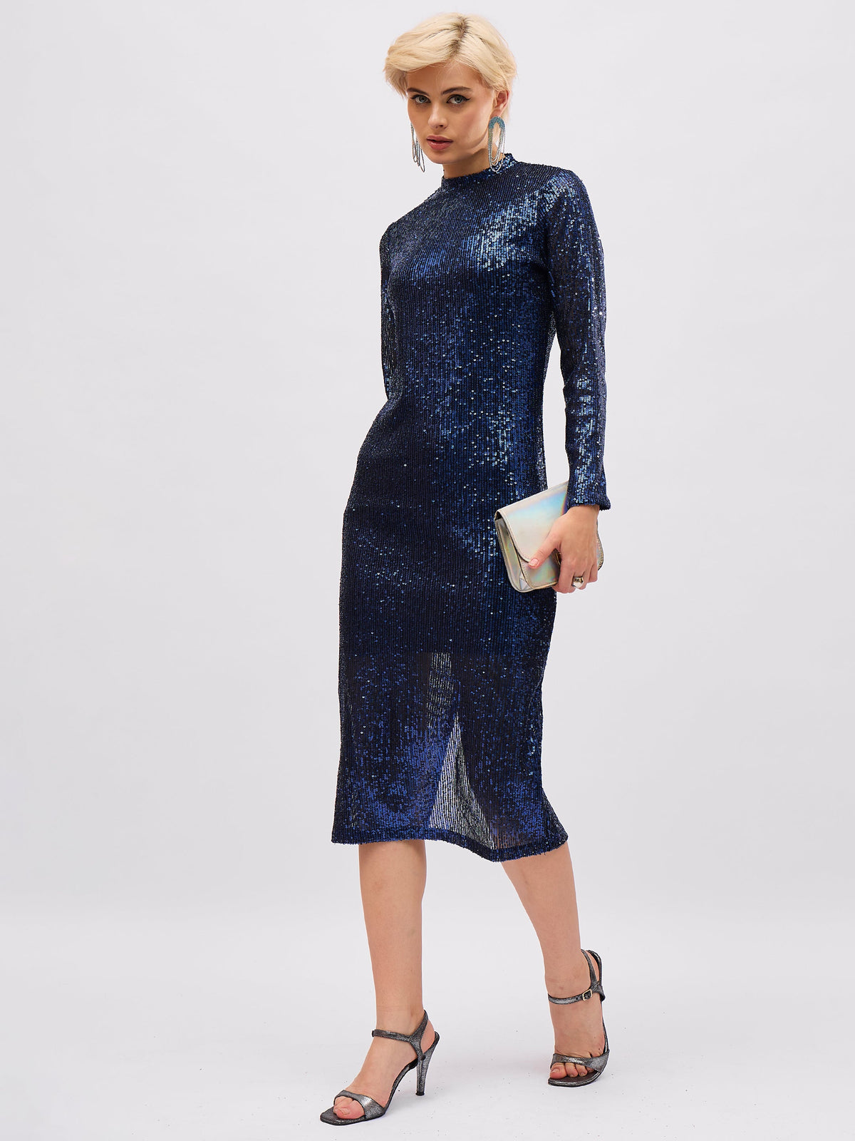 Navy Blue Sequin High Neck Midi Dress-SASSAFRAS