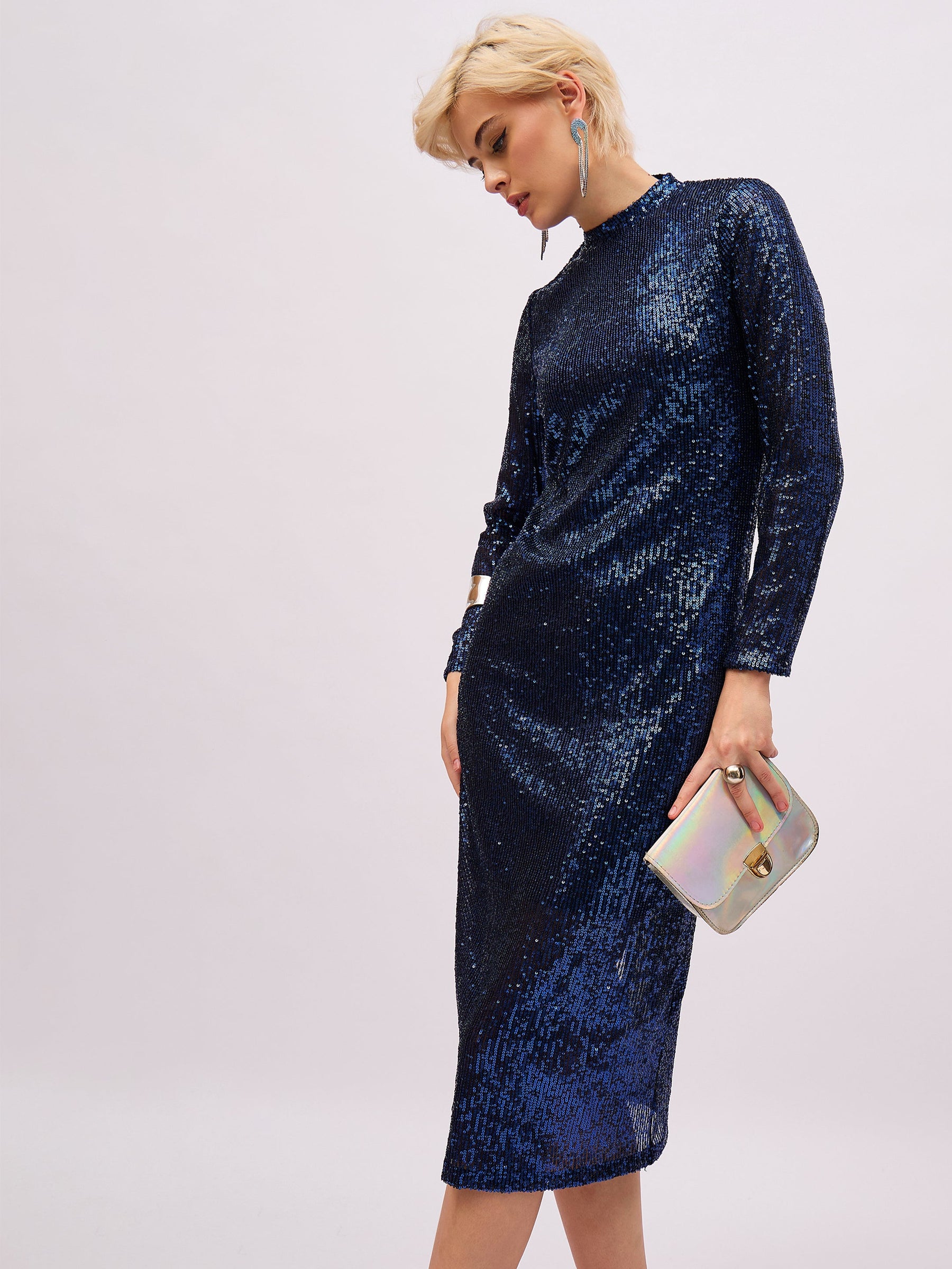 Navy Blue Sequin High Neck Midi Dress-SASSAFRAS