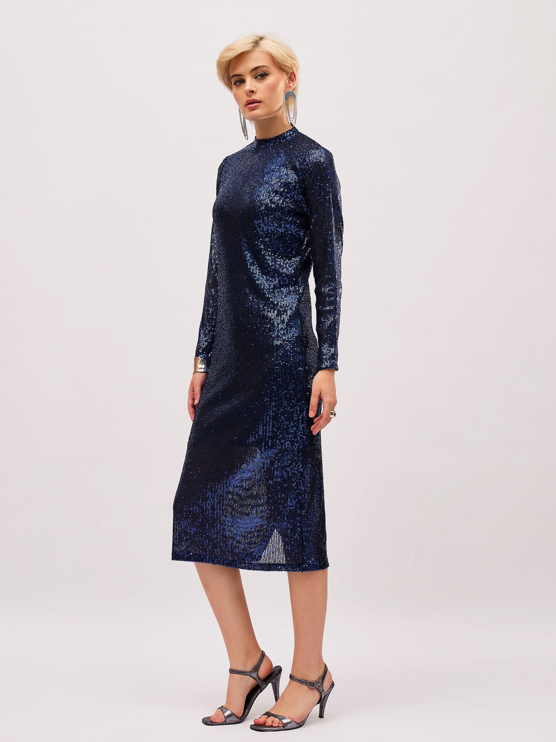 Navy Blue Sequin High Neck Midi Dress-SASSAFRAS