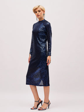 Navy Blue Sequin High Neck Midi Dress-SASSAFRAS