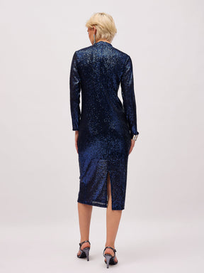 Navy Blue Sequin High Neck Midi Dress-SASSAFRAS