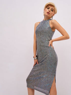 Black Multi color Sequin Halter Neck Midi Dress-SASSAFRAS