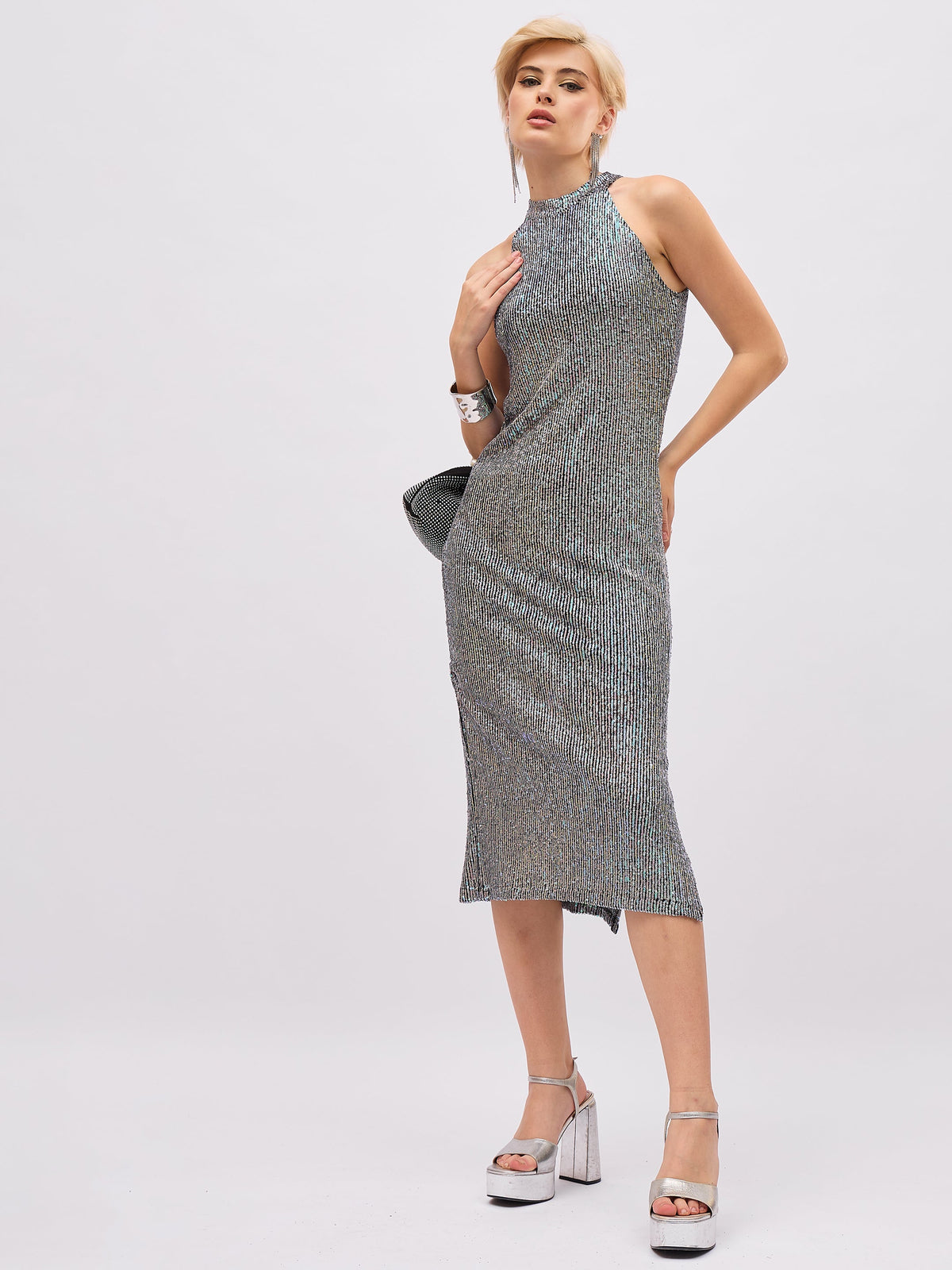 Black Multi color Sequin Halter Neck Midi Dress-SASSAFRAS